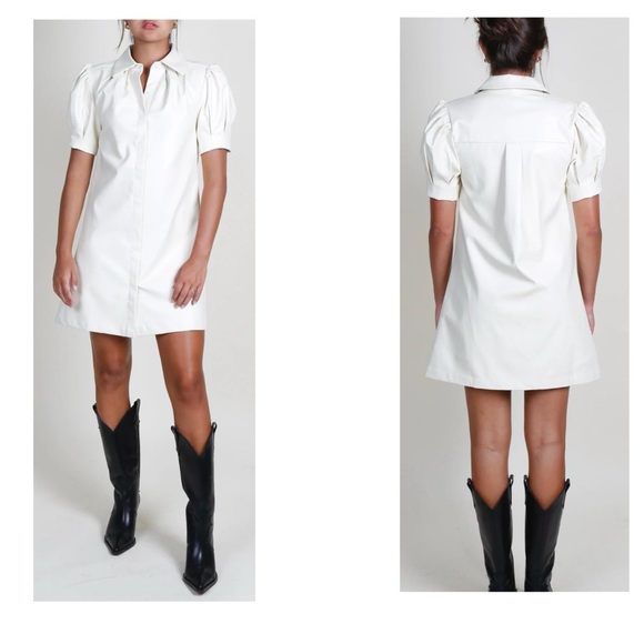 AUREUM White Puff Sleeve Mini Dress with Peter Pan Collar Vegan Leather - Picture 1 of 8